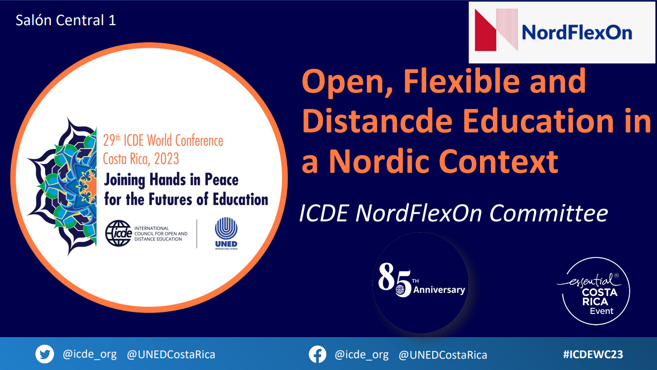 Fyrsta glæran í fyrirlestrinum: Open, flexible, distance education in a nordic context, sem var 8. nóvember 2023 á ráðstefnu í Costa Rica