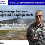 Mynd sem sýnir íslenskt landslag og Guðmund Björnsson sem er að fara að segja reynslusögu sína af því að nota gervigreind í kennslu.